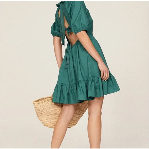 Peter Som Tie Back Green Dress 6 Ruffle Hem Puff Sleeves Travel Beach Resort - Picture 2 of 8